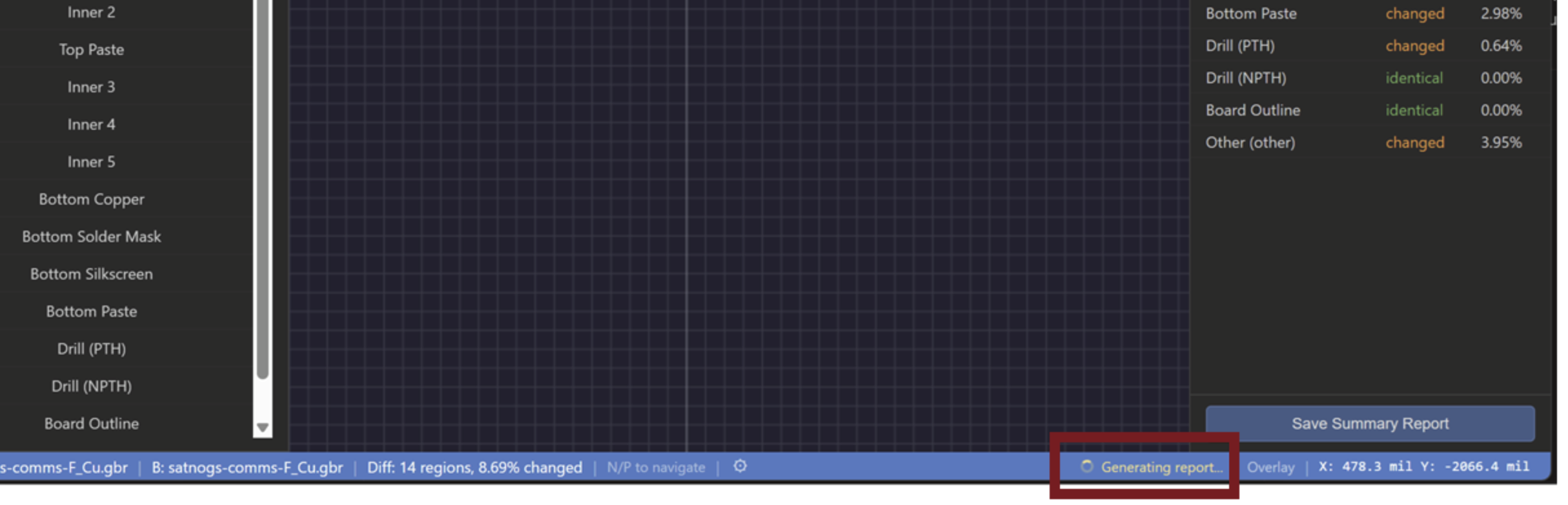 v2.7.0 status bar with a small 'Generating report...' spinner highlighted in red, easy to miss against the rest of the UI